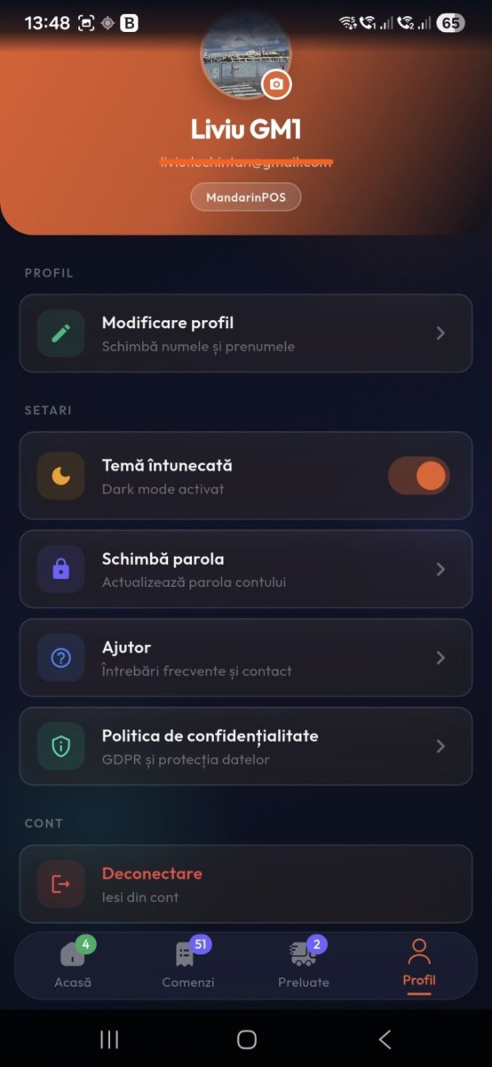 Bistro Delivery profil livrator cu temă dark și setări personalizate