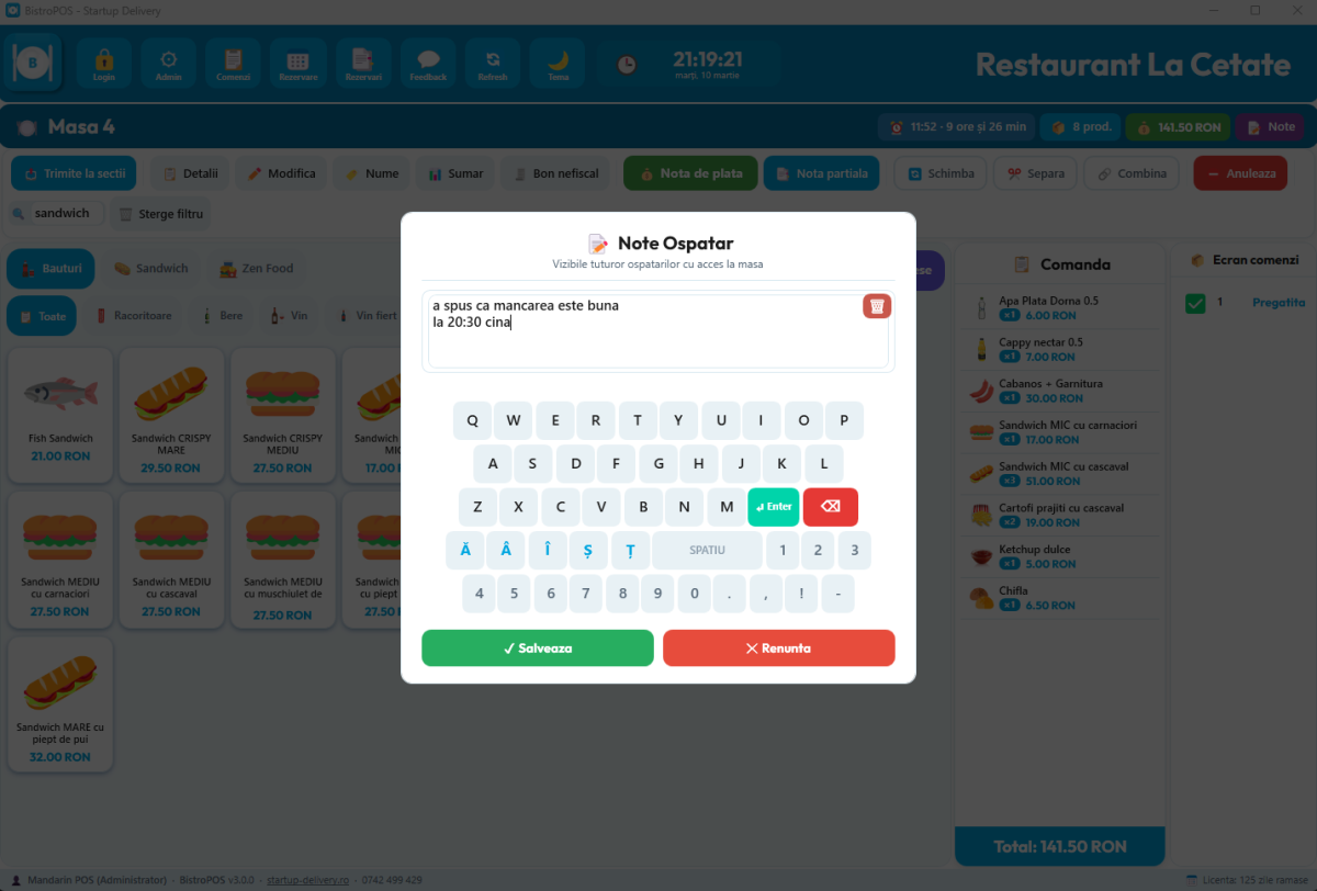 BistroPOS — Note ospătar pentru comunicare internă