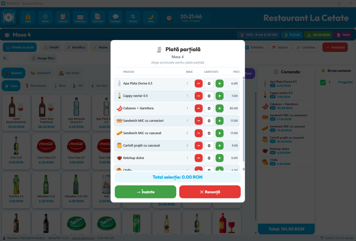 BistroPOS — Plată parțială și split payment