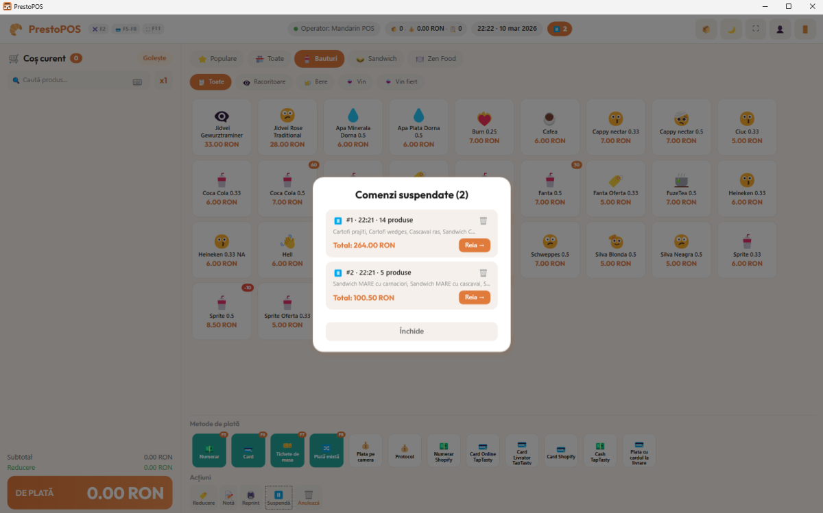 PrestoPOS — Comenzi suspendate pe ecranul principal