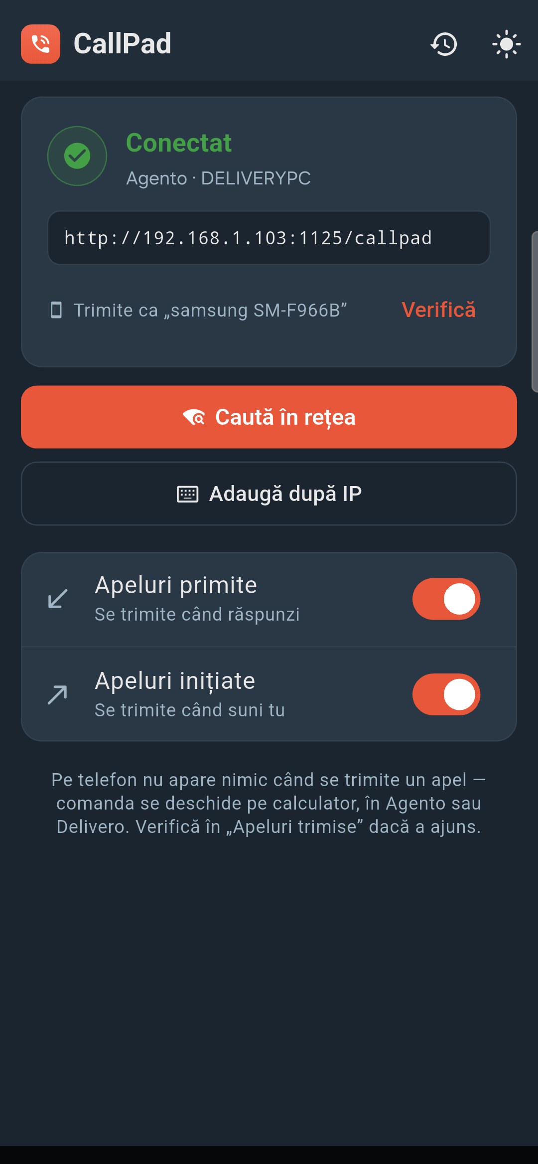 CallPad — ecranul principal, legătura activă