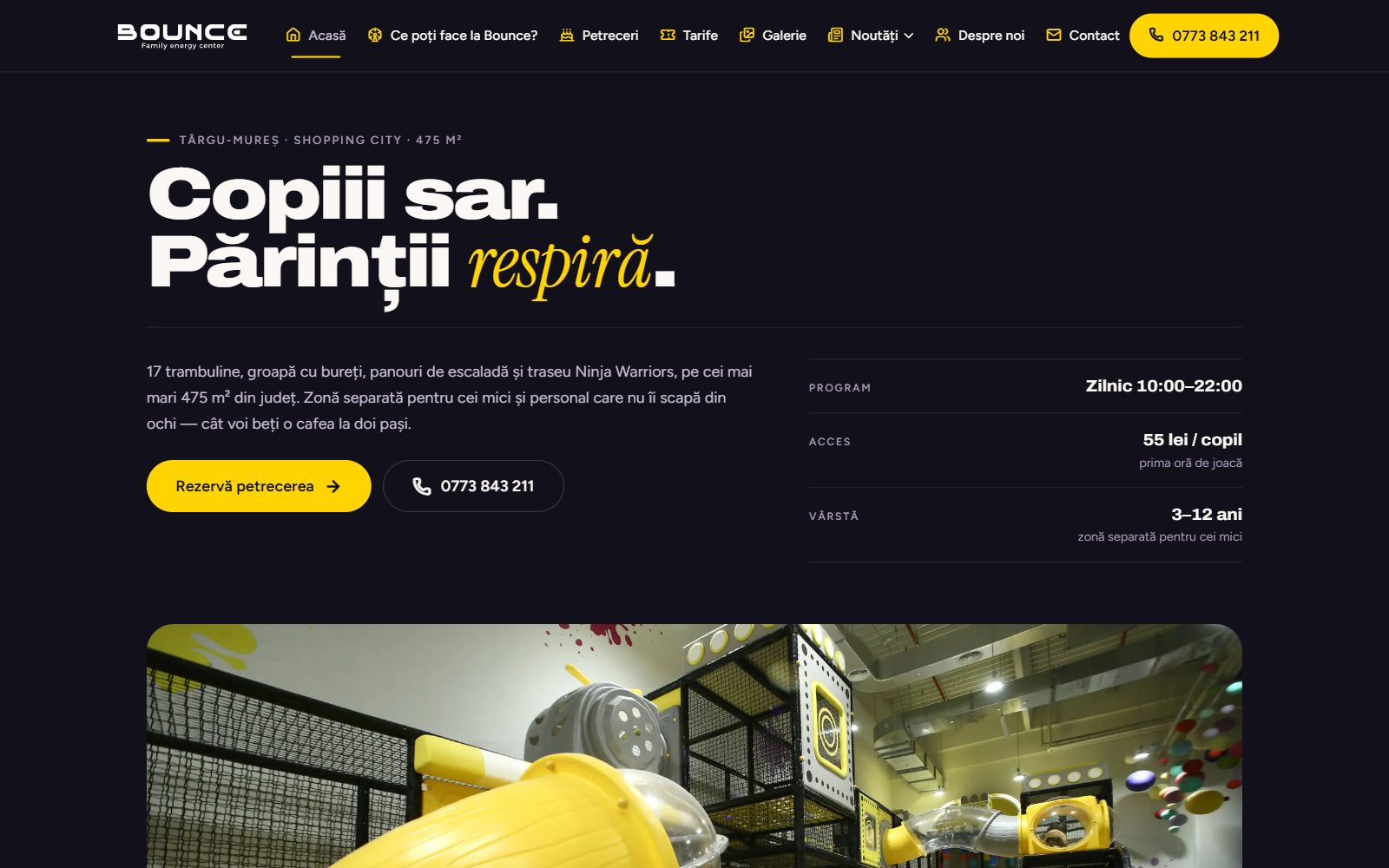 Site-ul Bounce Kids (bounce-mures.mycloudshop.ro) realizat de Startup Delivery — pagina principală pe desktop