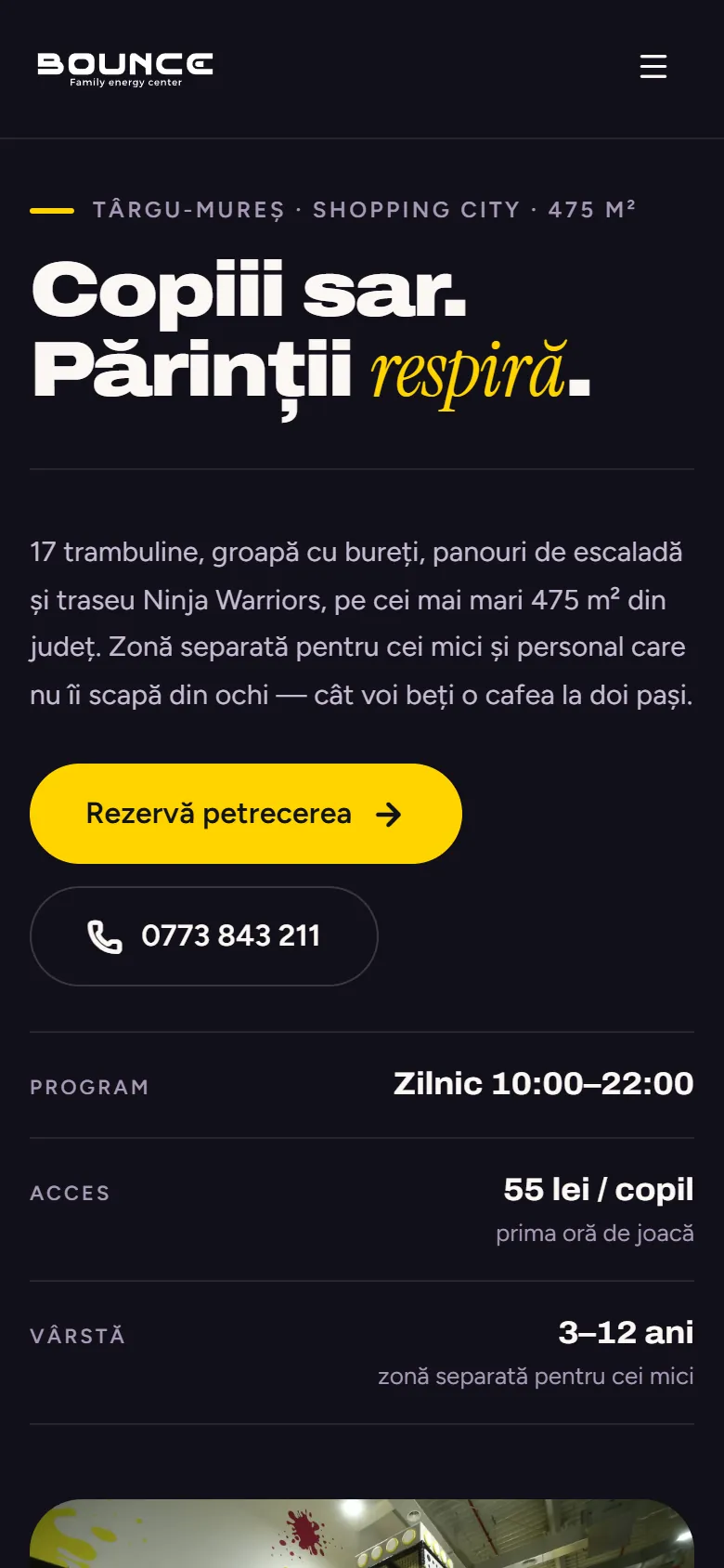 Site-ul Bounce Kids pe telefon — versiunea mobilă