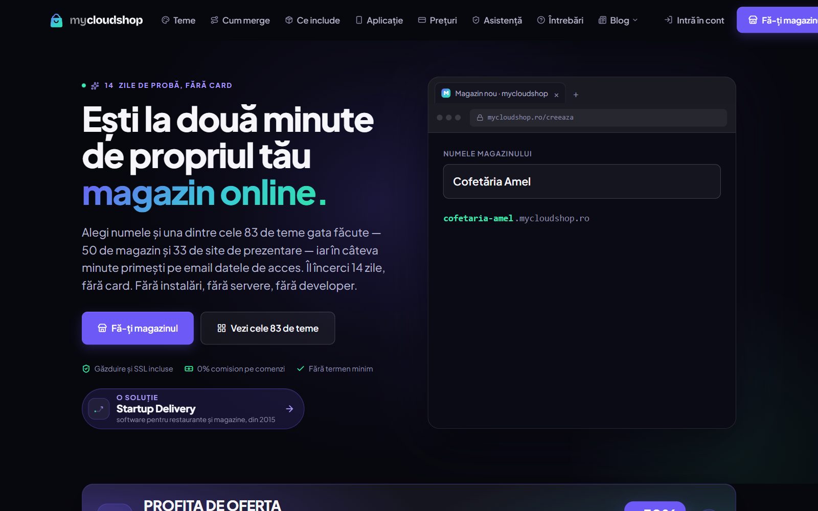 Site-ul CloudShop (mycloudshop.ro) realizat de Startup Delivery — pagina principală pe desktop