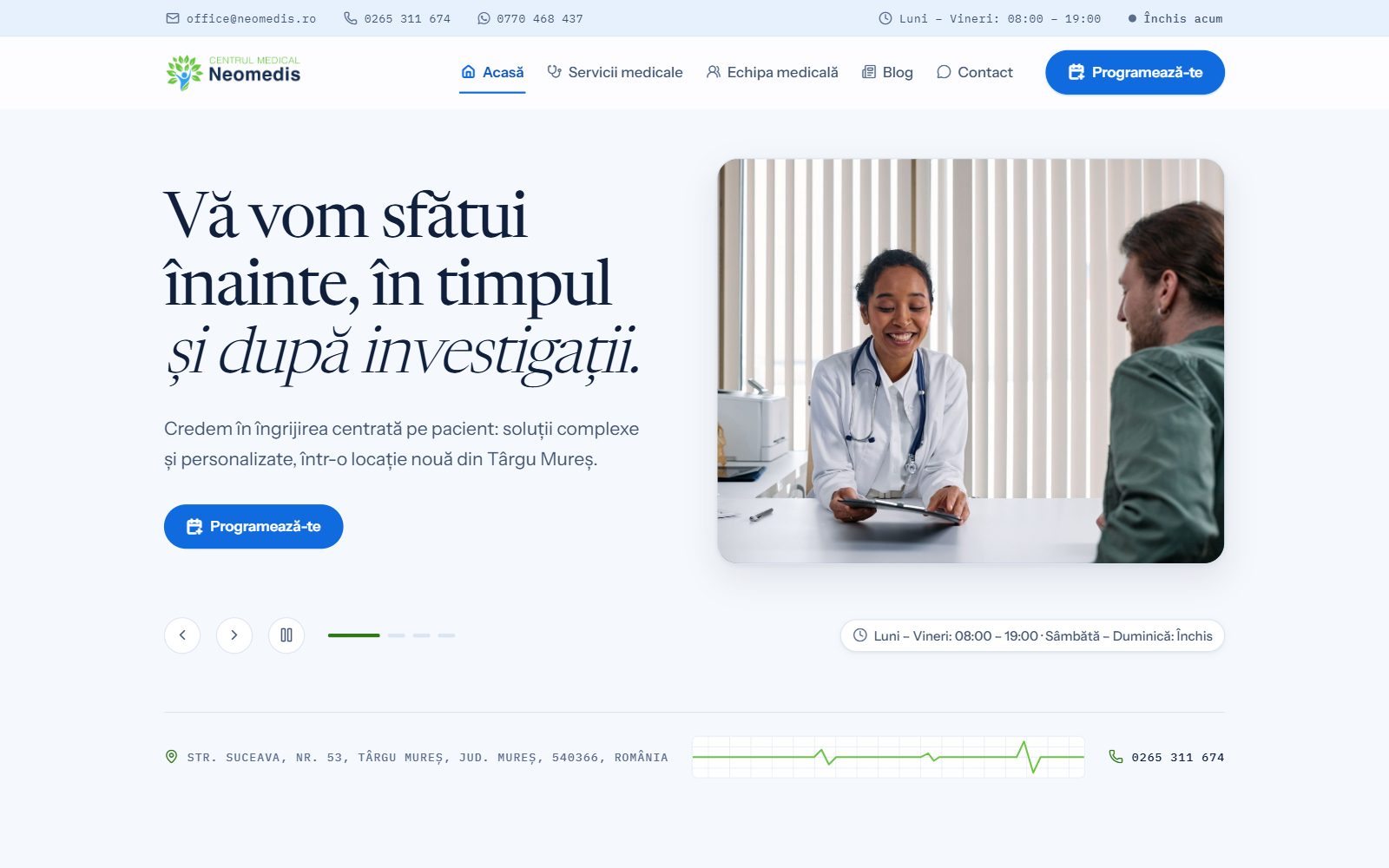 Site-ul Centrul Medical Neomedis (neomedis.mycloudshop.ro) realizat de Startup Delivery — pagina principală pe desktop