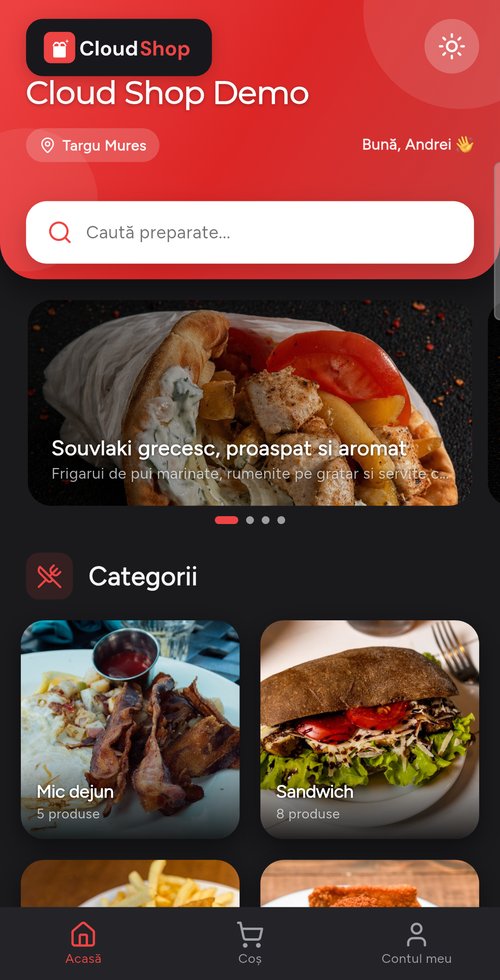 Aplicația mobilă CloudShop — ecran principal