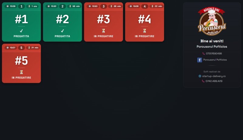 Ecran de comenzi în sala restaurantului — status în timp real pentru ospătari