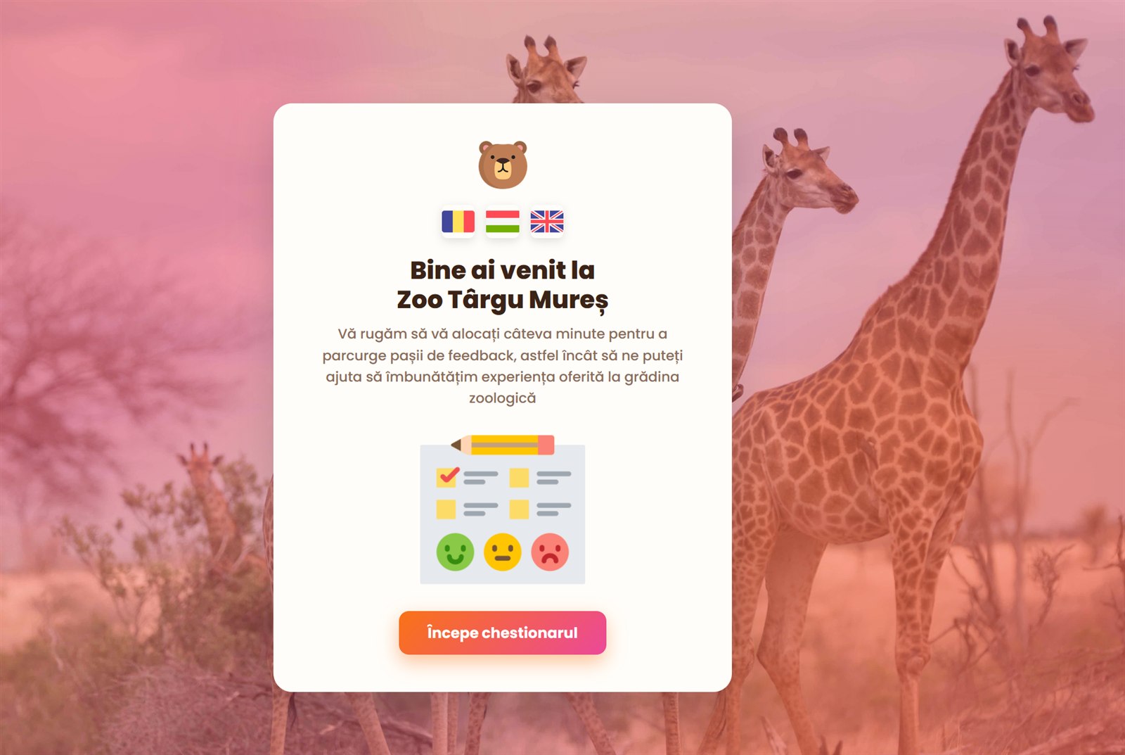 Ecran de bun venit multilingv — aplicatie feedback recenzii clienti chestionar satisfactie QR
