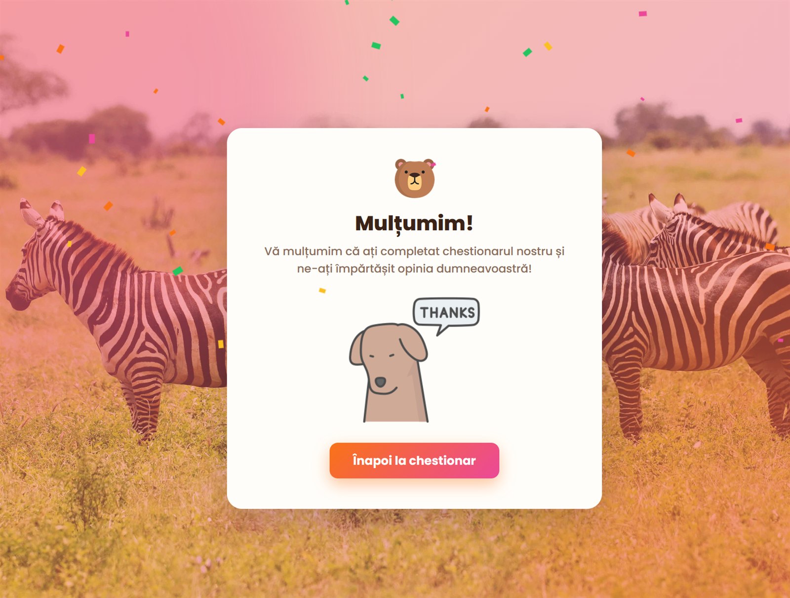 Ecran de mulțumire cu confetti — aplicatie feedback recenzii clienti chestionar satisfactie QR
