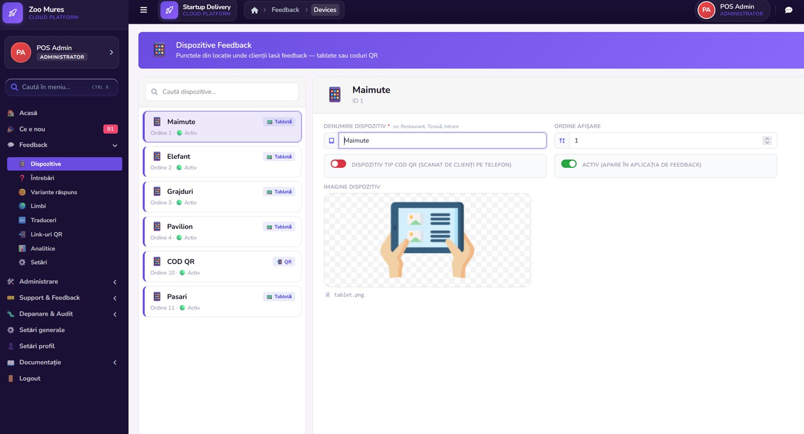 Administrare dispozitive — tablete și QR — aplicatie feedback recenzii clienti chestionar satisfactie QR