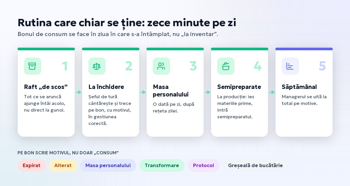 Rutina zilnică pentru bonul de consum în restaurant și motivele care se scriu pe bon: expirat, alterat, masa personalului, transformare, protocol