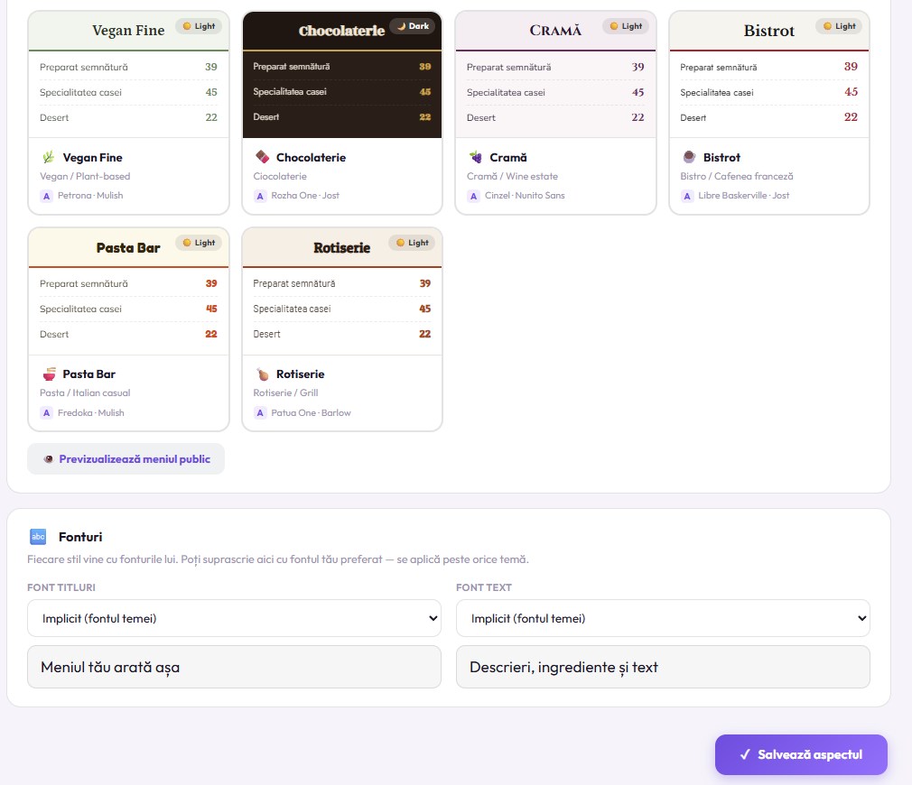 Personalizare fonturi și design pentru meniul digital