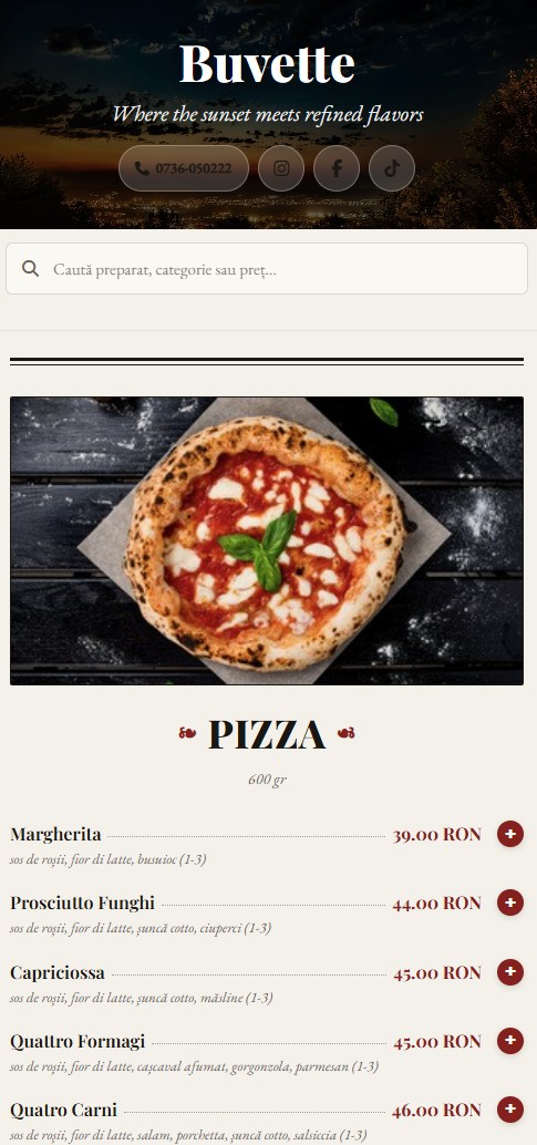 Meniu digital public stil newspaper pe mobil pentru pizzerie