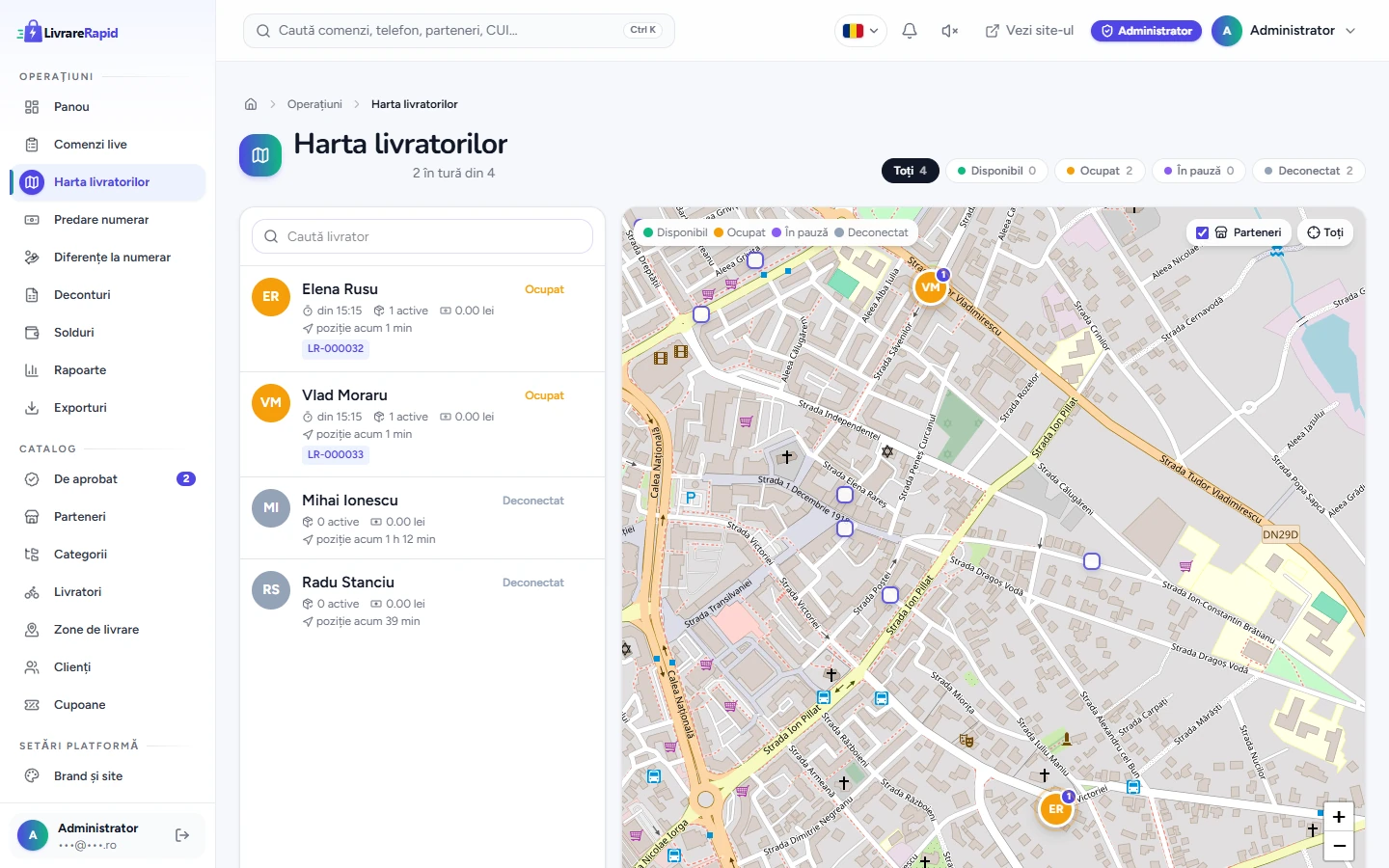 Harta livratorilor: live, cu traseul pe zi — Platforma MultiStore, platformă de livrări cu brandul tău