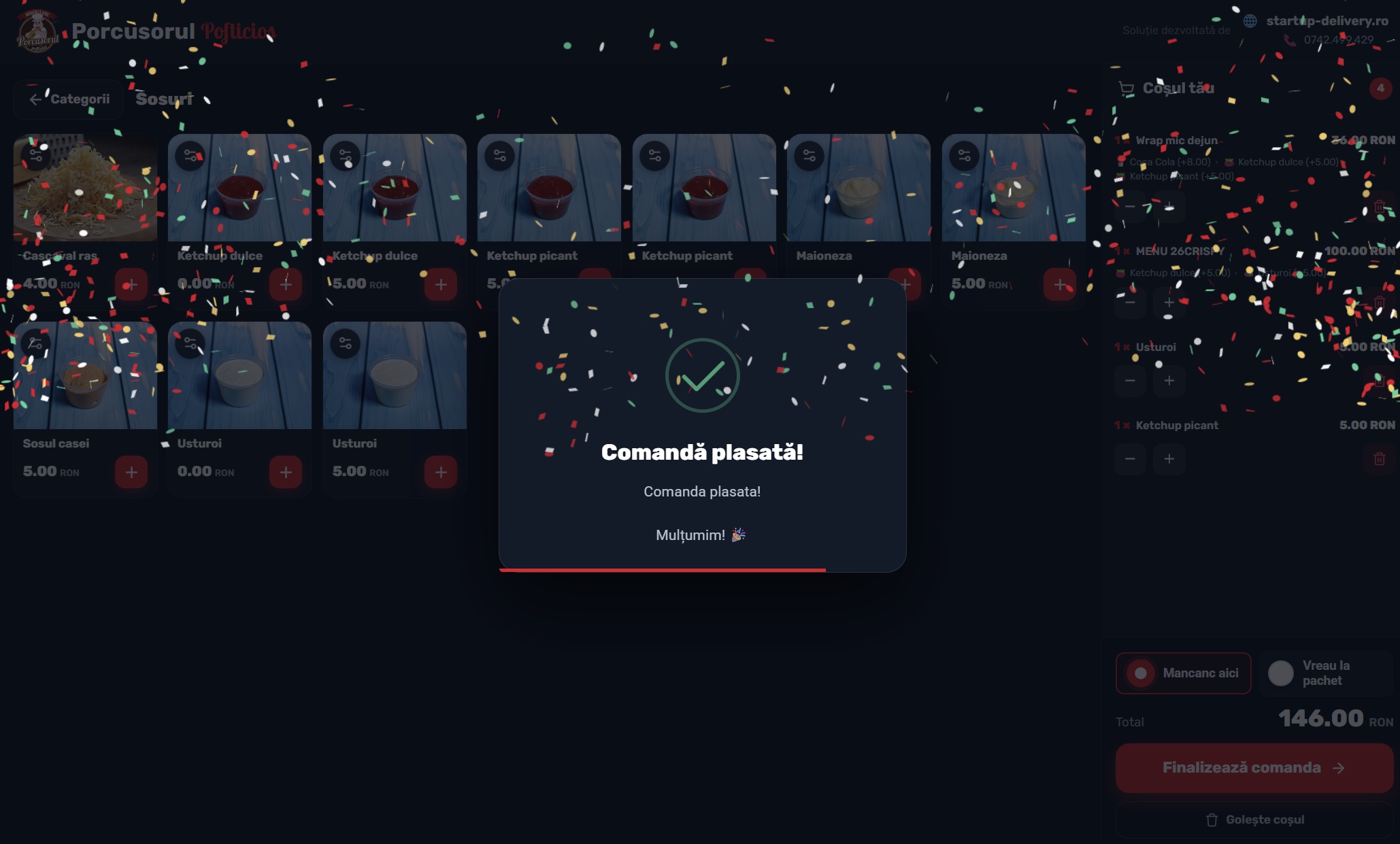 Comanda plasata confirmare confetti — self order kiosk restaurant fast food