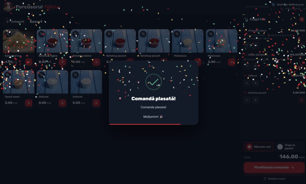Comandă plasată pe self order kiosk — ecran de confirmare cu confetti