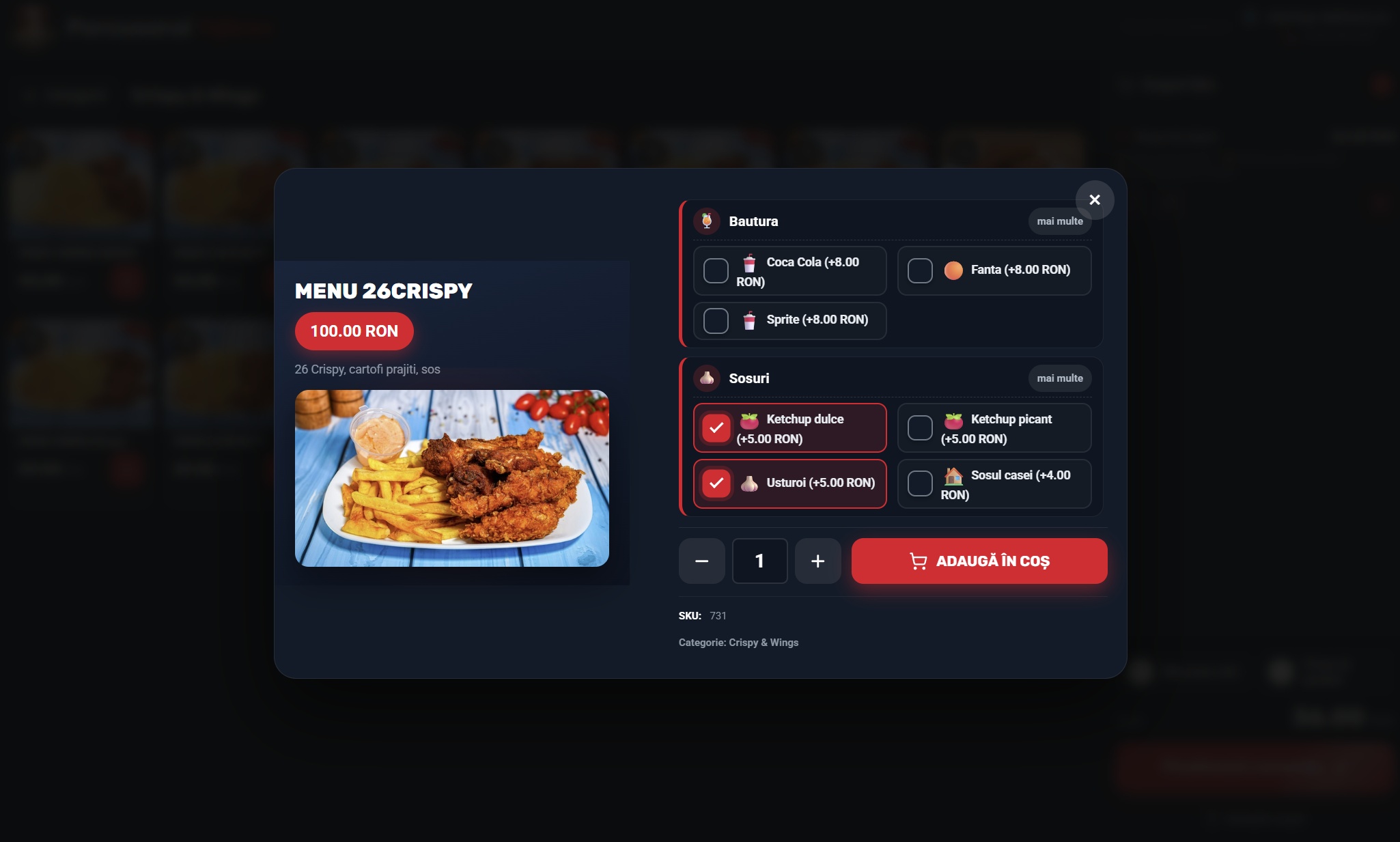 Configurare meniu crispy cu optiuni — self order kiosk restaurant fast food
