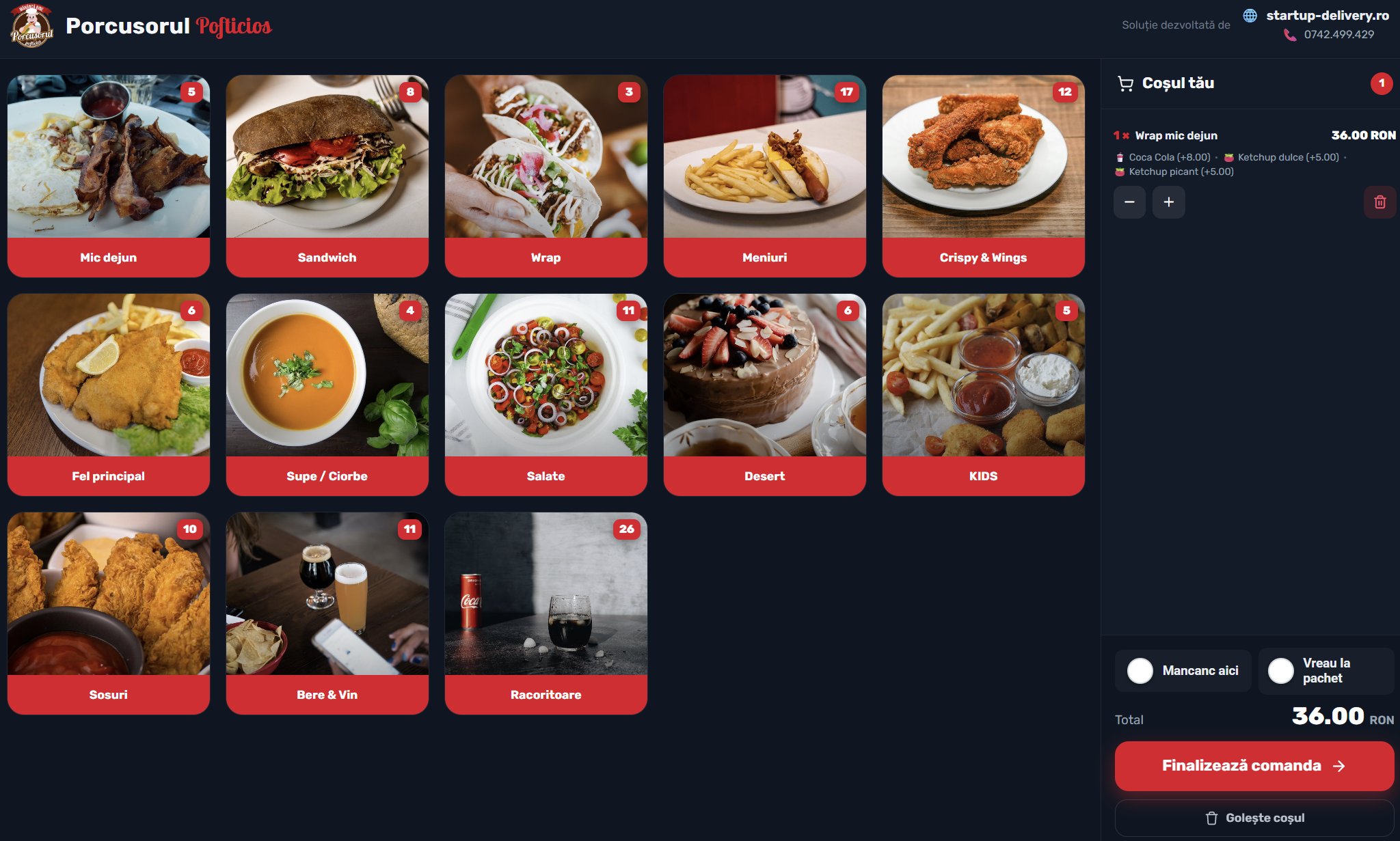 Meniu principal categorii si cos — self order kiosk restaurant fast food