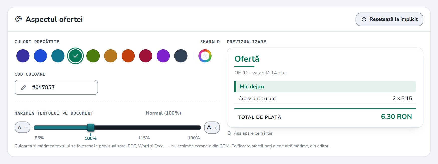 Culoarea ofertei și mărimea textului — program de ofertare pentru catering și evenimente