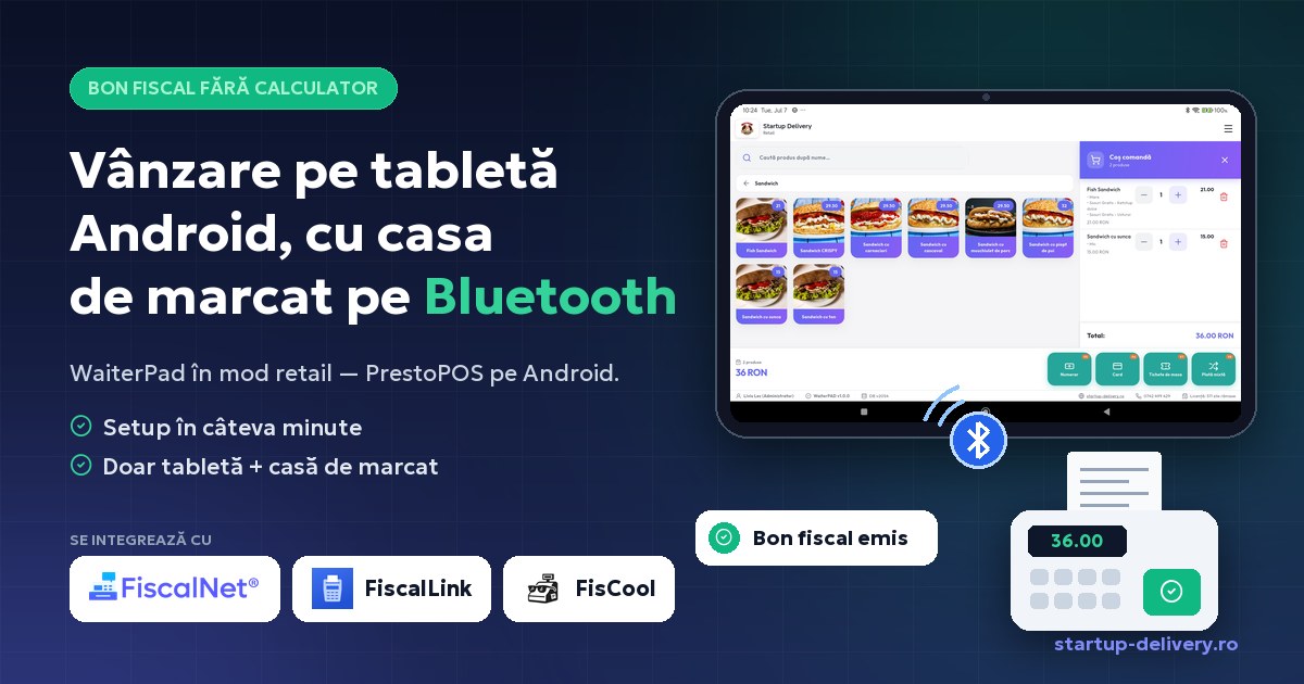 Vânzare pe tabletă Android, cu orice casă de marcat pe Bluetooth: PrestoPOS și WaiterPad Retail