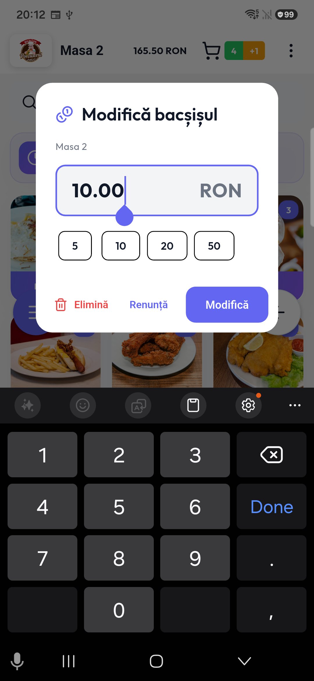 Bacșiș — suma încasată pe masă — WaiterPad mod ospătar