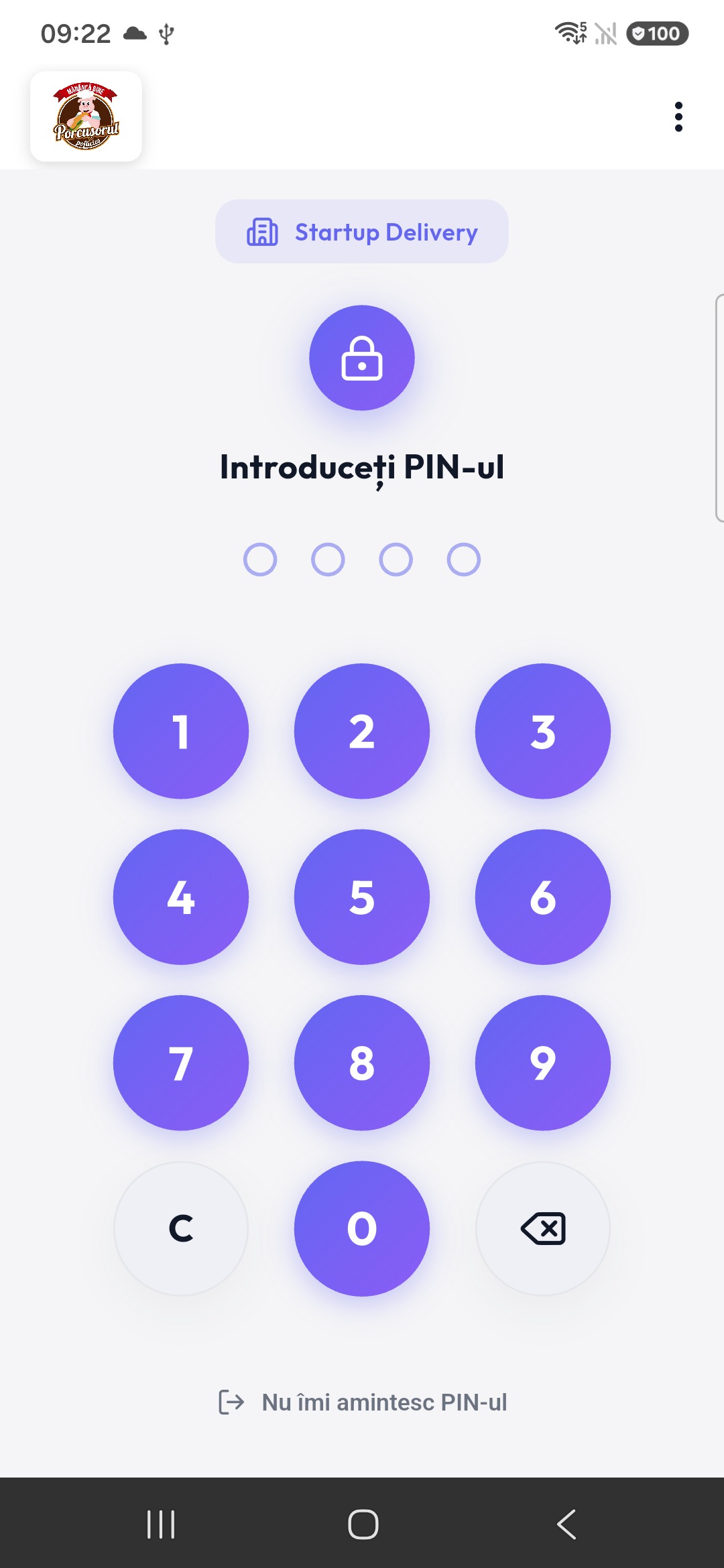 WaiterPad — ecran de autentificare cu PIN de 4 cifre pentru ospătar, pe telefon