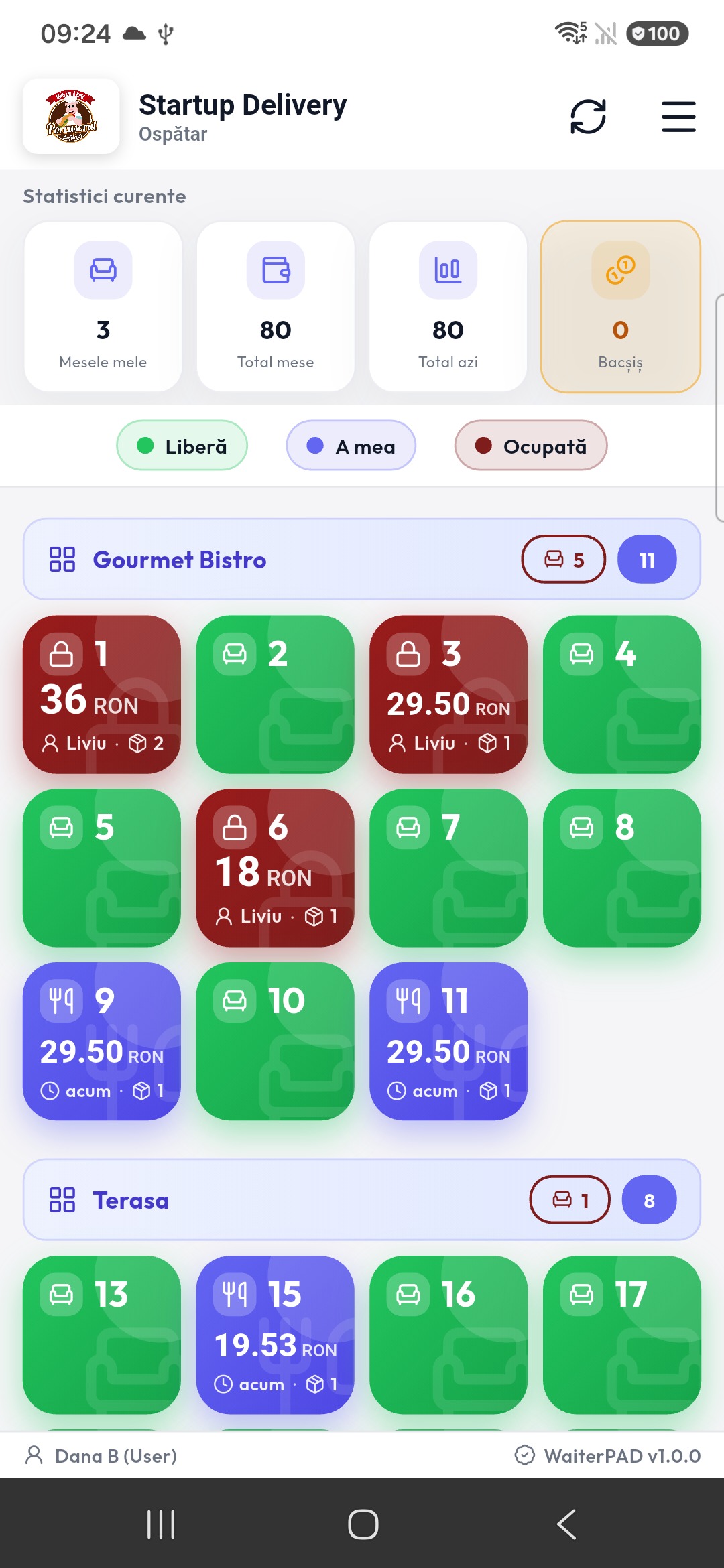 Mese ocupate, per ospătar — WaiterPad mod ospătar