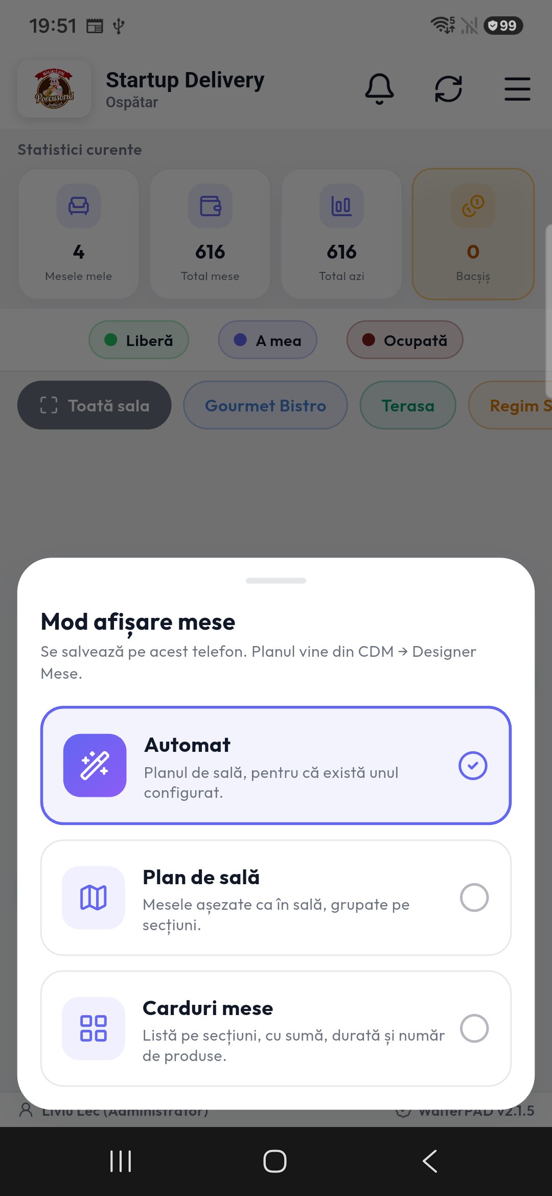 Mod afișare — plan de sală sau carduri — WaiterPad mod ospătar