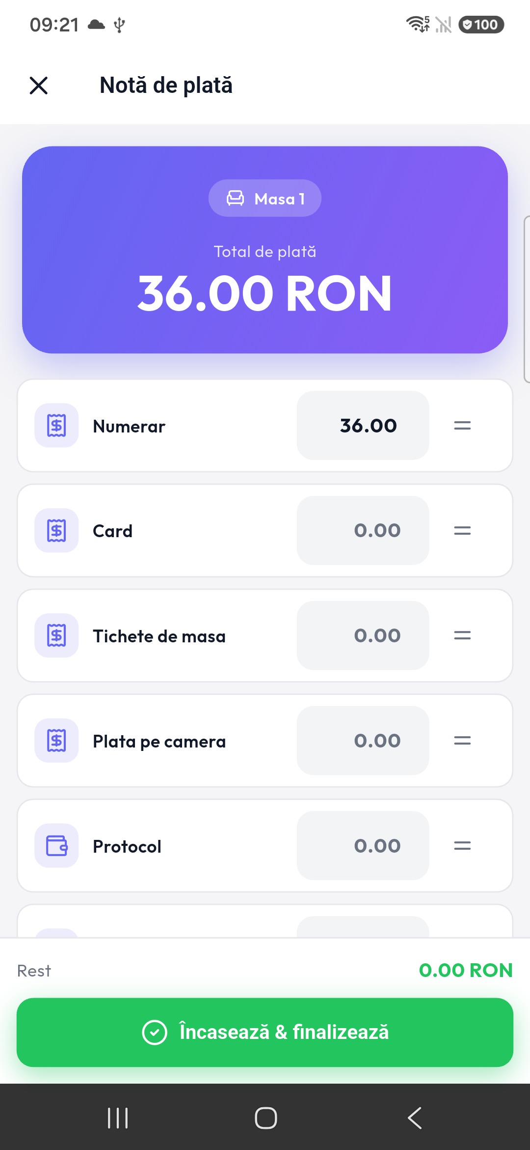 WaiterPad — notă de plată cu metode de plată numerar, card și plată mixtă pe telefon