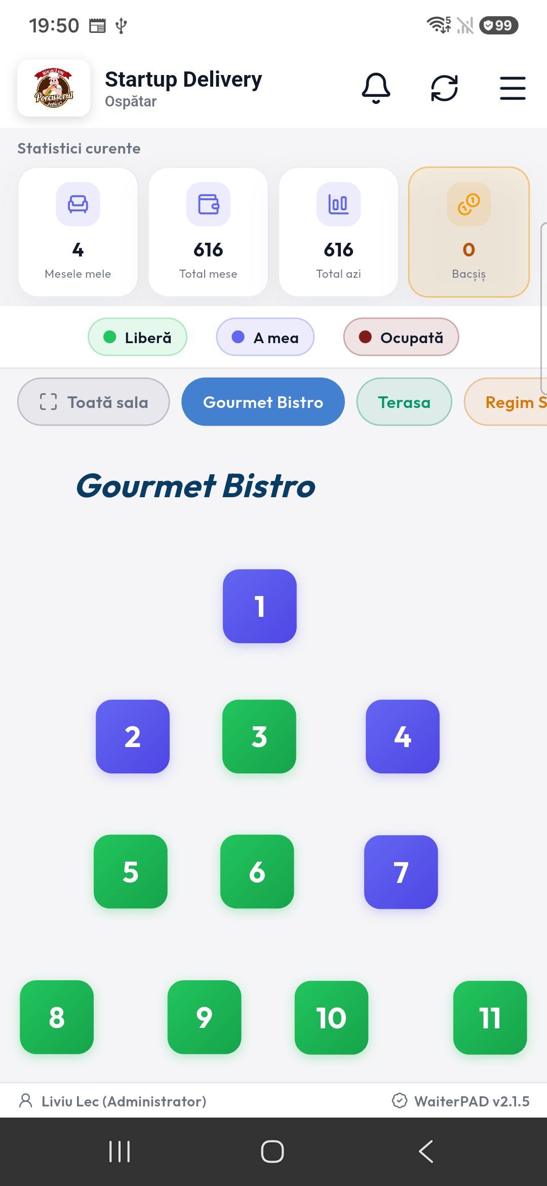 Plan de sală — mesele ca în restaurant — WaiterPad mod ospătar
