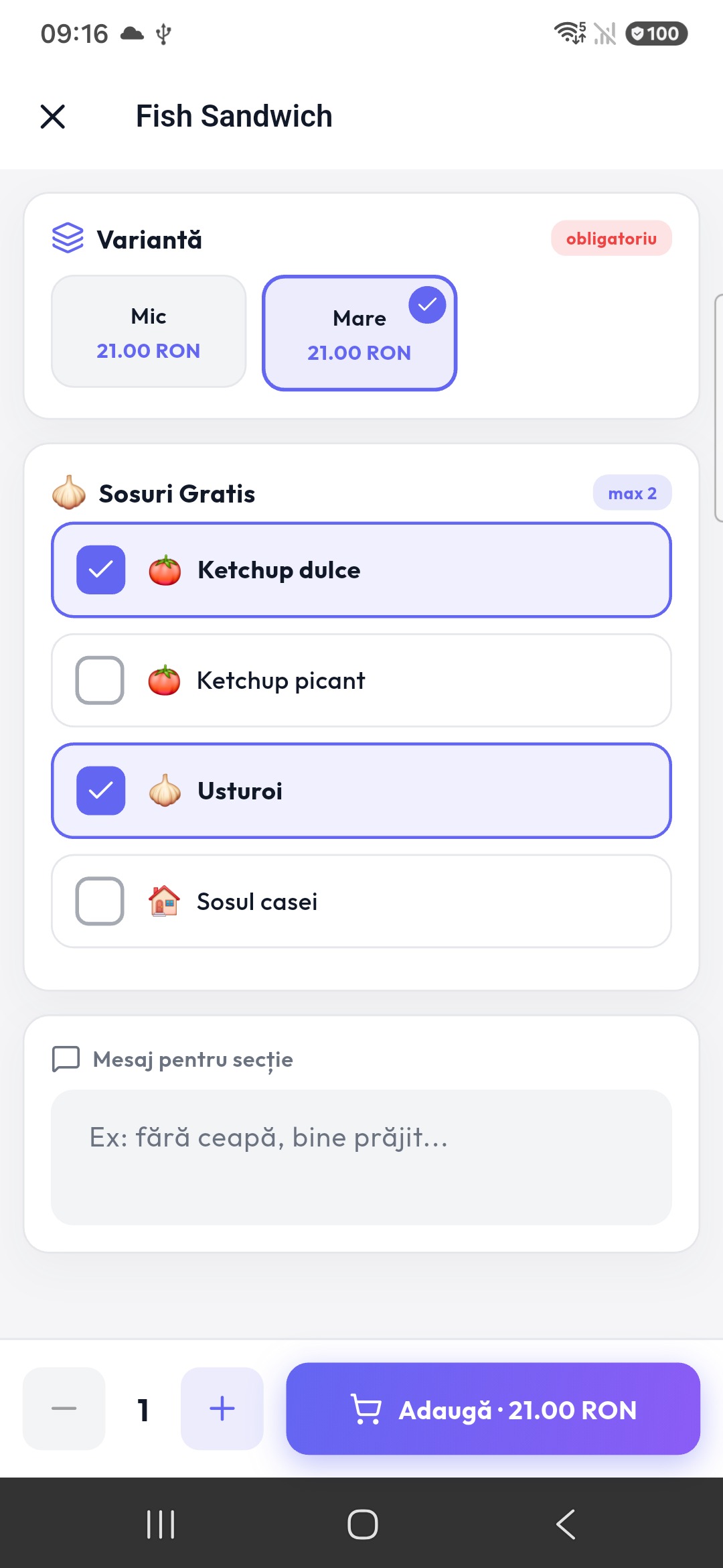 WaiterPad — selectare opțiuni și variante de produs bifate pe telefon, cu preț actualizat