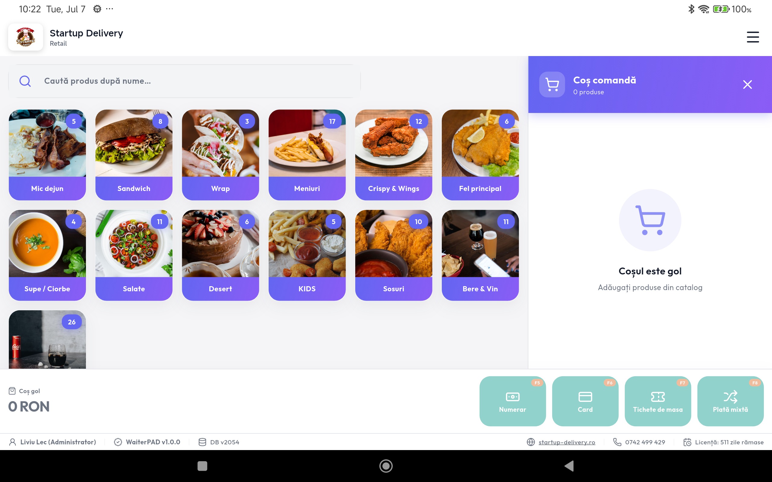 WaiterPad mod retail pe tabletă — catalog de produse și coș pentru vânzare rapidă la tejghea