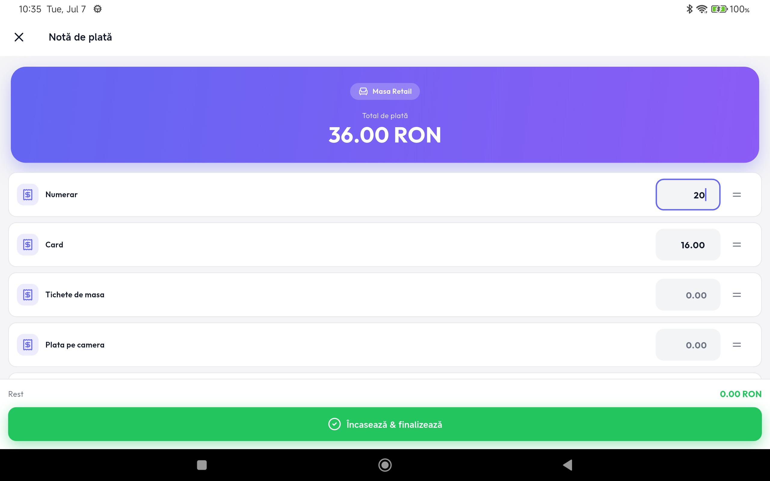 WaiterPad retail — plată mixtă cu împărțirea sumei între numerar și card pe tabletă