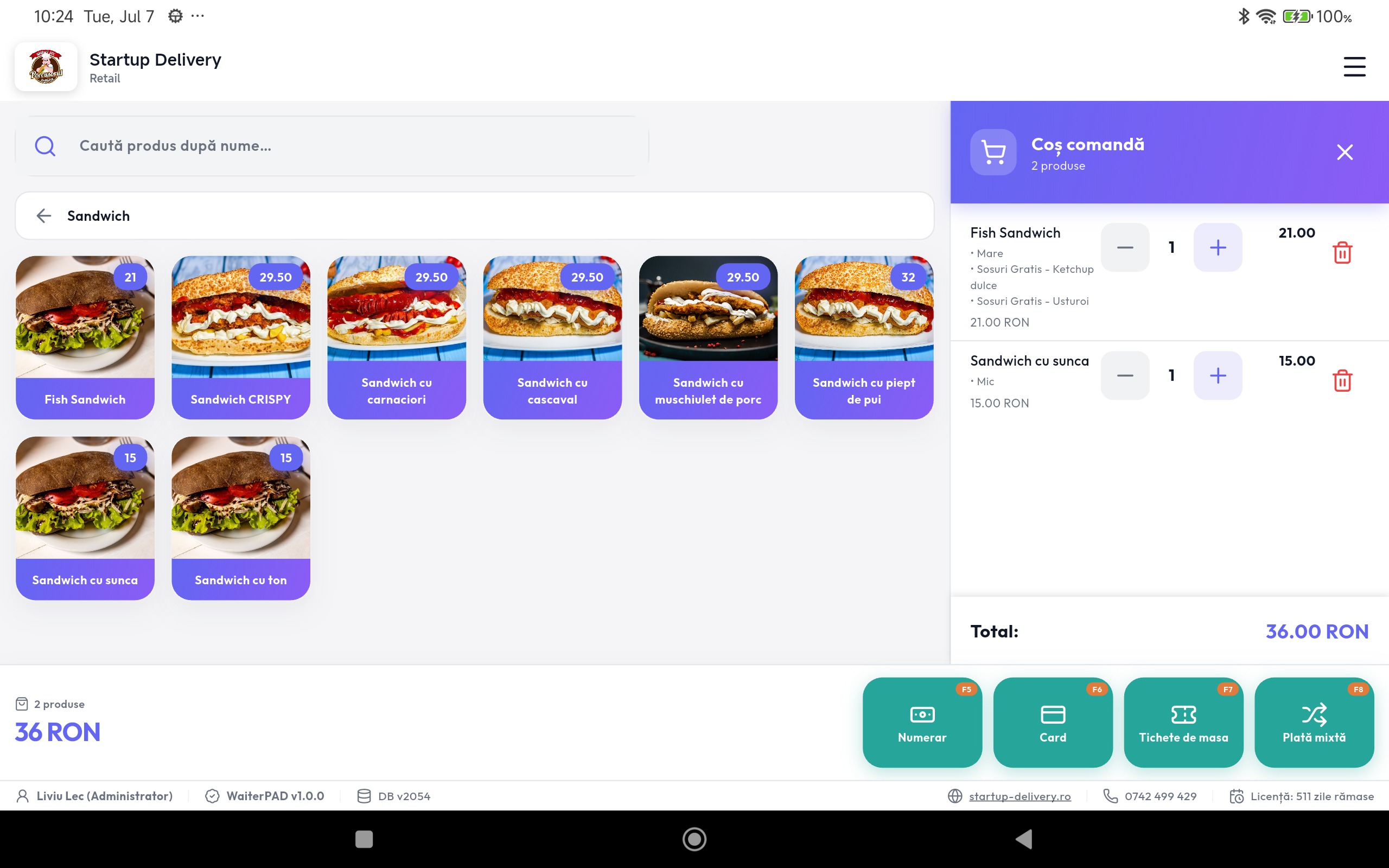 Vânzare în curs — bon și plată — WaiterPad mod retail